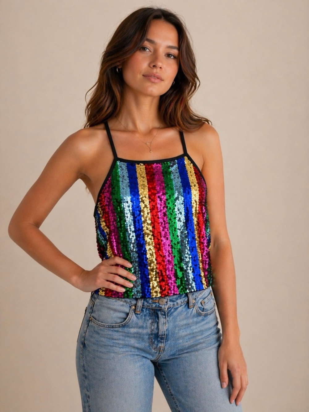 Rue21 Multicolor Sequin Striped Cami with Black Trim